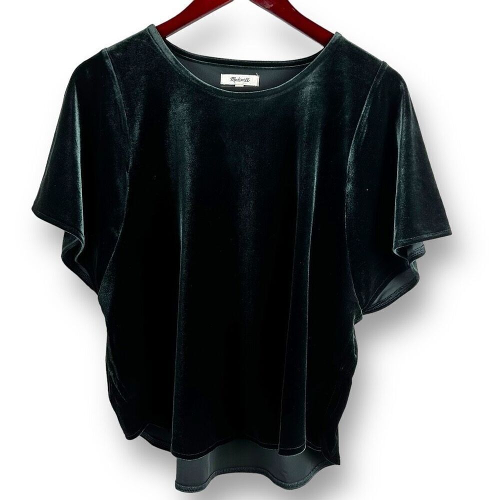 Madewell Women's M Dark Green Crushed Velvet Butterfly Sleeve Top Party Glam‎
